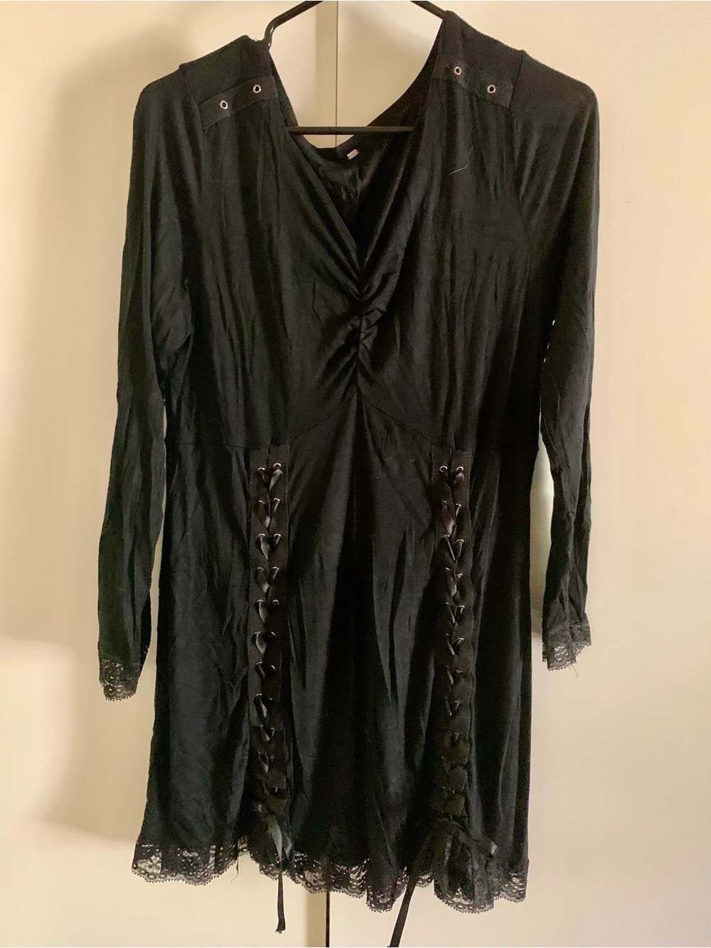 Black Lace-Trim Corset Goth Long Sleeve Dress - Unbranded #0079